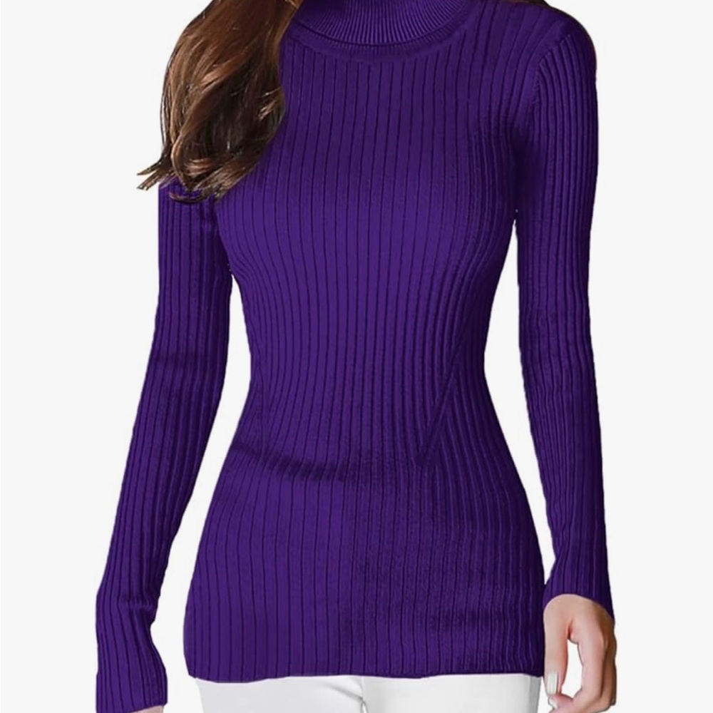 Amazon v28 Brand Knit Ribbed Women’s Purple Tight-Fit Stretch Turtleneck Sweater